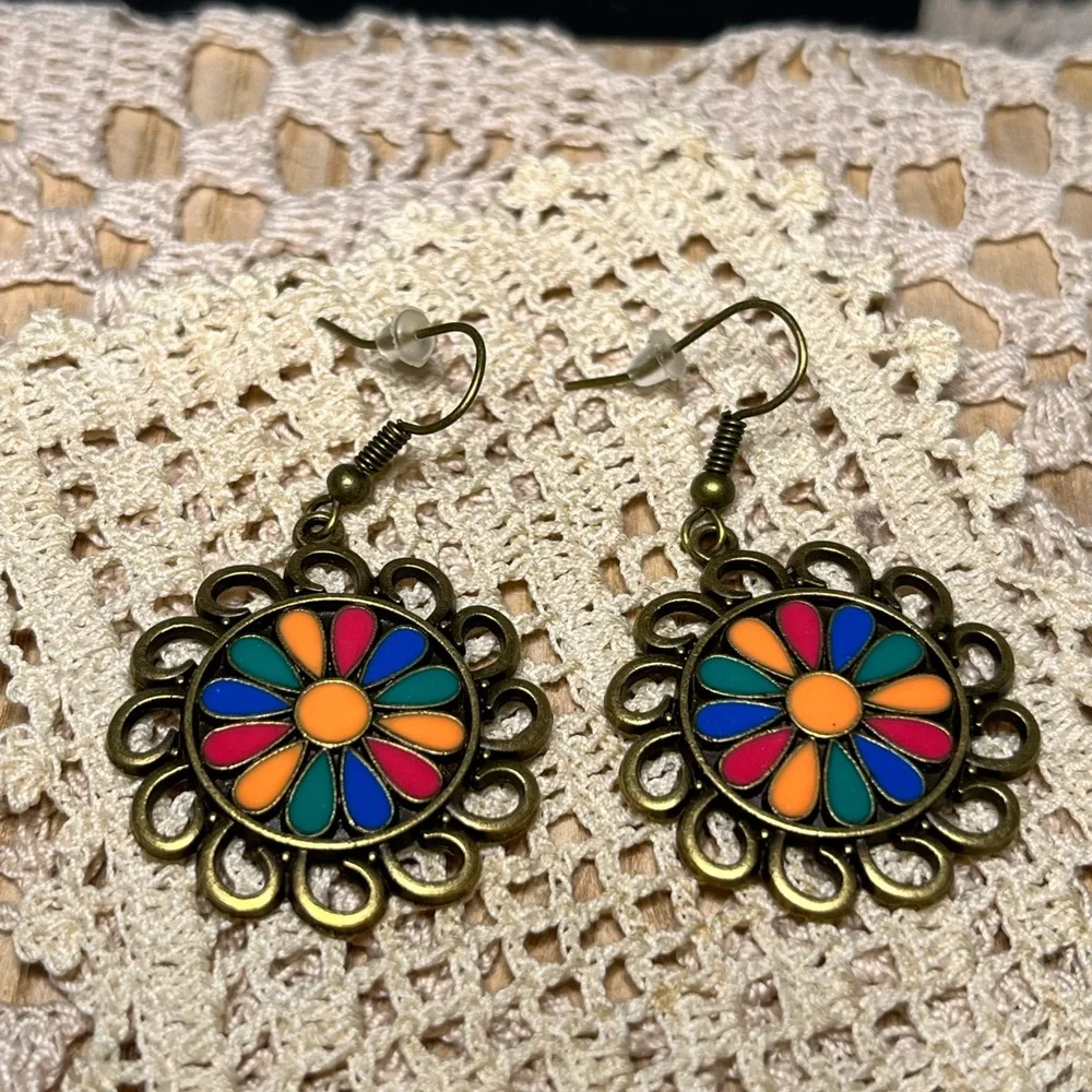 Multicolor Enamel Flower Dangle Earrings Boho Rainbow Floral